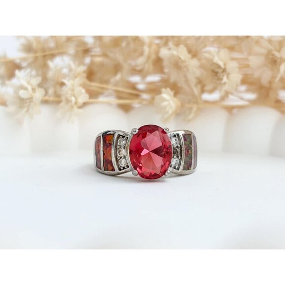 Bright Garnet & Faux Opal Modernist Sterling Silver Vintage Ring - sz 6.5 - Picture 8 of 10